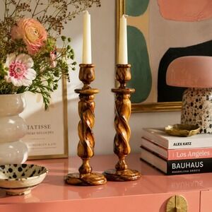 Vintage Olive Wood Barley Twist Candlestick Holders Set of 2 Hand Carved Pair